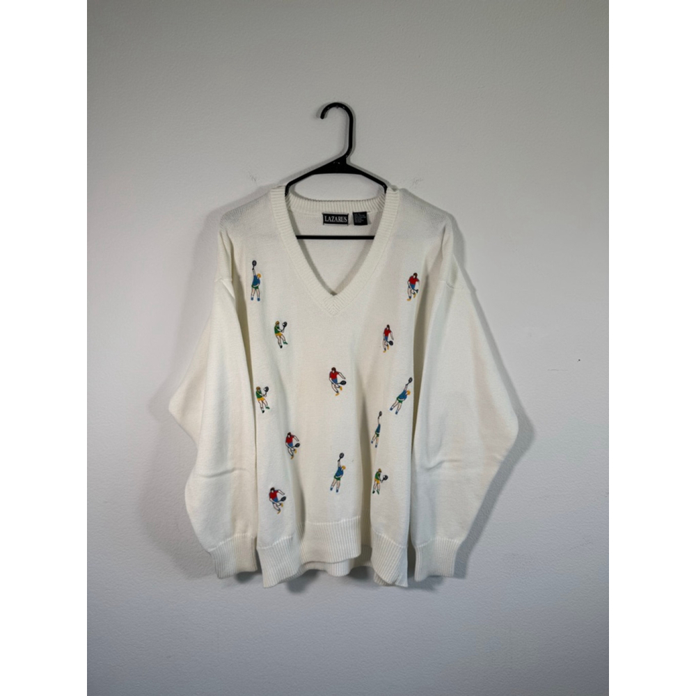 Men's‎ LAZARUS V-Neck Sweater XL White with Tennis Player Embroidery